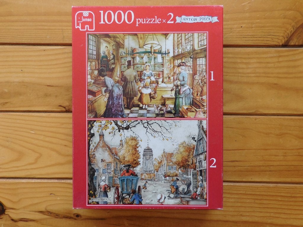 Puzzel 2x 1000 st. De Boulanger Dorpsplein Anton Pieck Jumbo, Ophalen of Verzenden, 500 t/m 1500 stukjes, Zo goed als nieuw, Legpuzzel