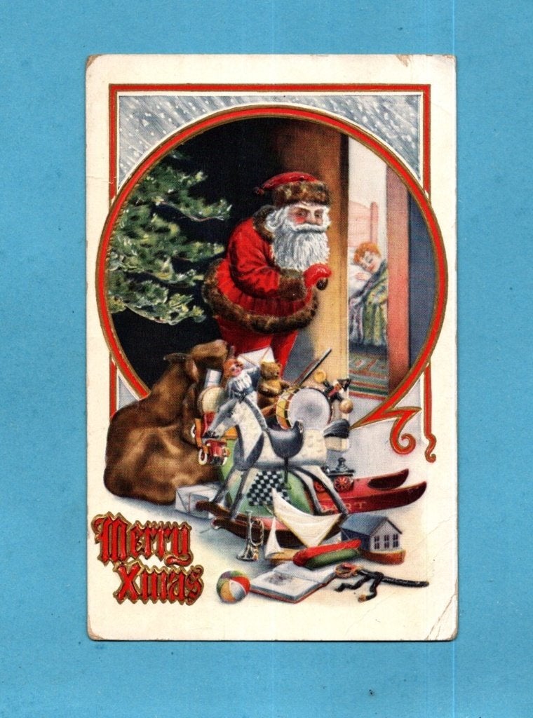 Mooie oude kerstkaart/reliéf M767 - Santa met veel kado's, Verzenden, Voor 1920, Gelopen, Overige thema's