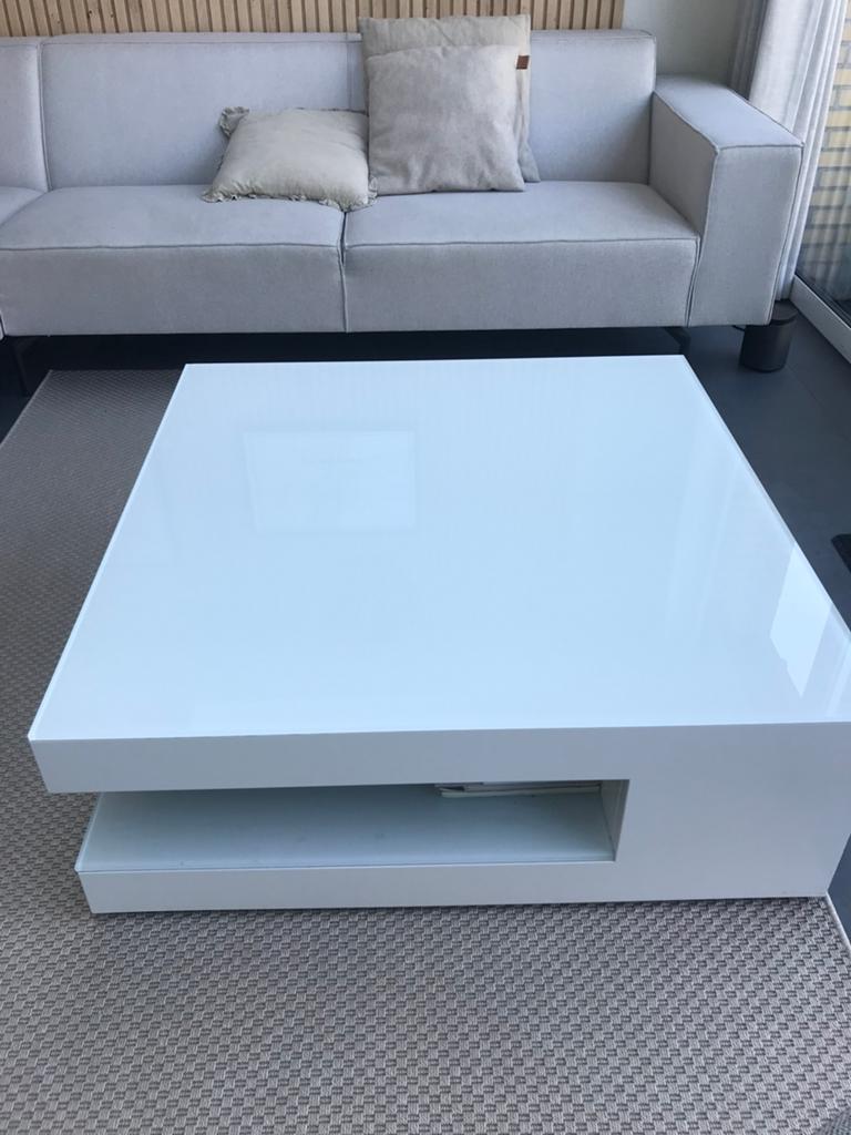 Moderne witte salontafel met glazen blad (100x100x36), Ophalen, Gebruikt, Vierkant, Glas
