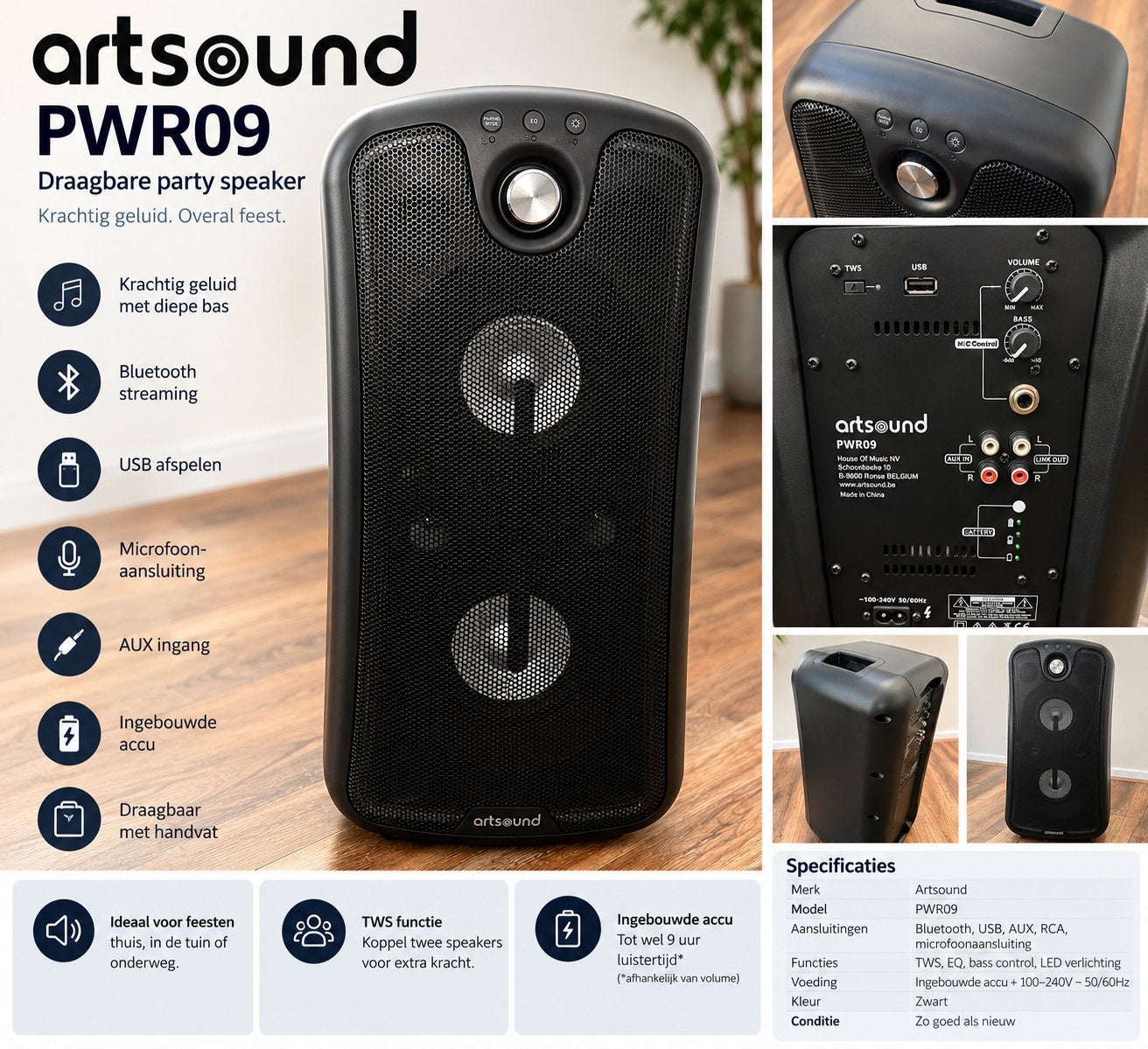 Artsound PWR09 160W Draagbare Party Speaker - NIEUW, Party speaker, Nieuw, Ophalen of Verzenden, AUX-ingang