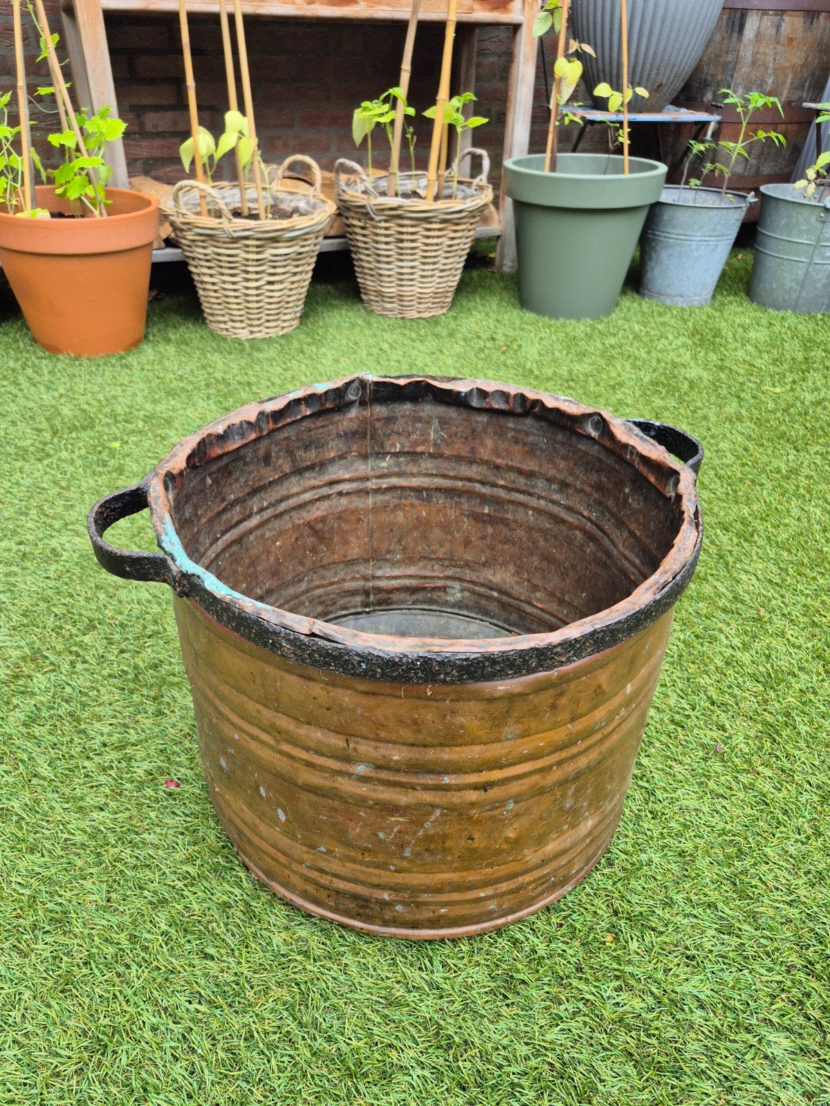 Oude iizeren emmer/ton/bak/pot met handvaten, Gebruikt, Minder dan 60 cm, Rond, Ophalen of Verzenden