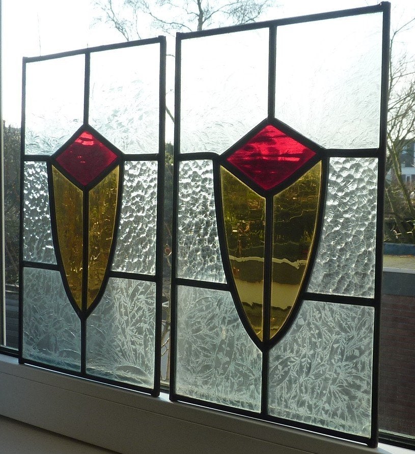 Set van 2 Glas-in-lood ramen in Art Deco stijl, Minder dan 80 cm, Overige typen, Ophalen of Verzenden, Zo goed als nieuw