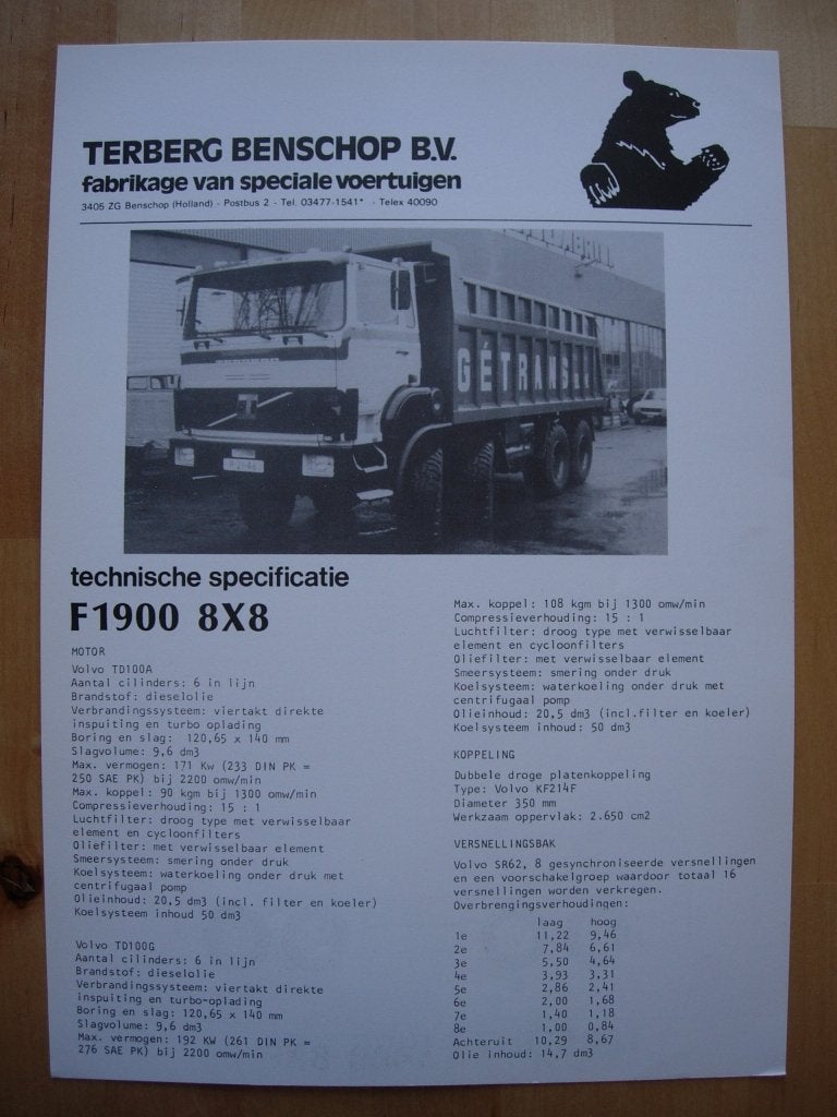 Terberg F1900 8x8 Technische Specificatie folder 1979, Ophalen of Verzenden, Zo goed als nieuw, Overige merken, Terberg