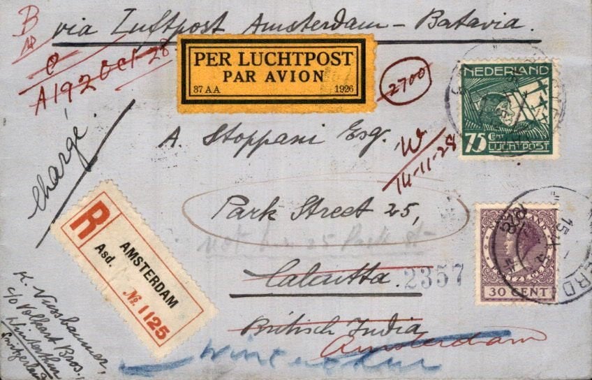 Amsterdam - Luchtpost - Zwerfbrief - India - Batavia - 1928, Ophalen of Verzenden, Envelop