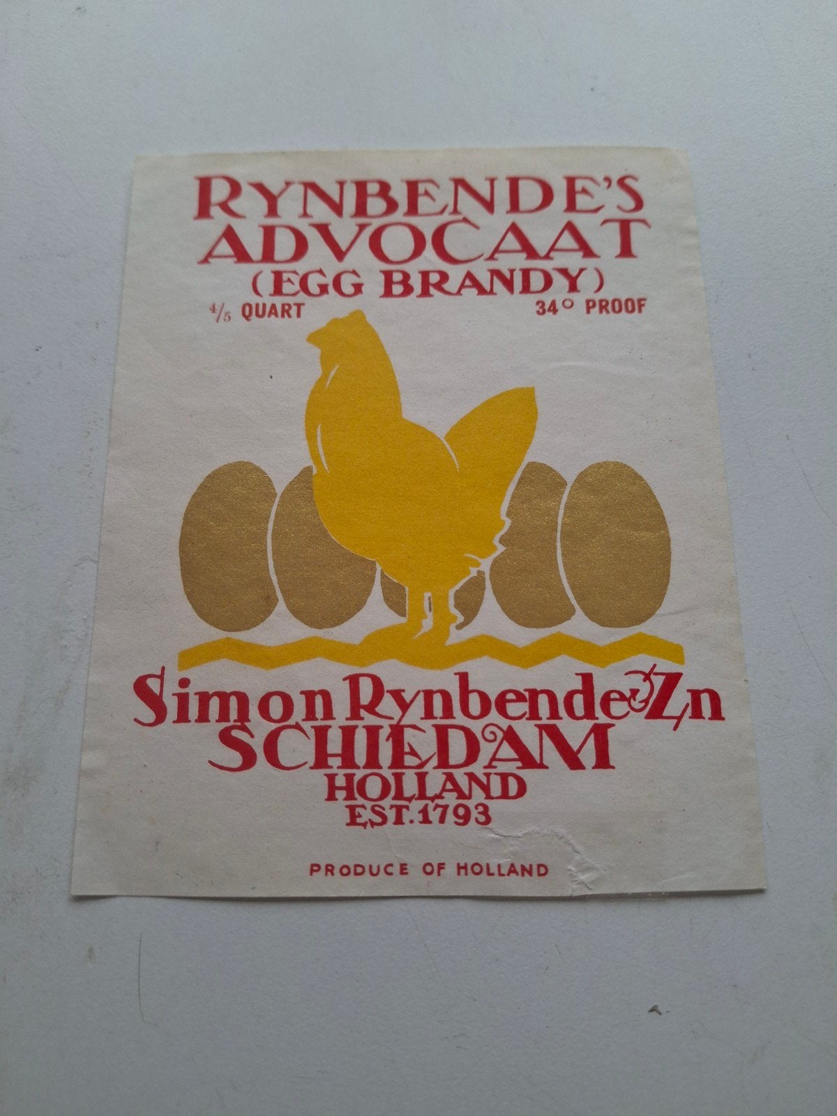 etiket Rynbende advocaat., Ophalen of Verzenden, Zo goed als nieuw, Overige typen
