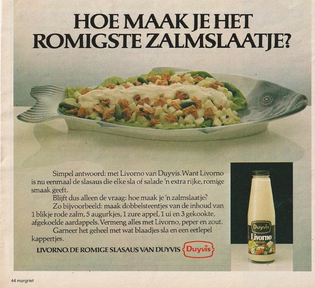 Retro reclame 1978 Duyvis Livorno maak een zalmsalade, Verzamelen, Retro, Verzenden, Overige typen
