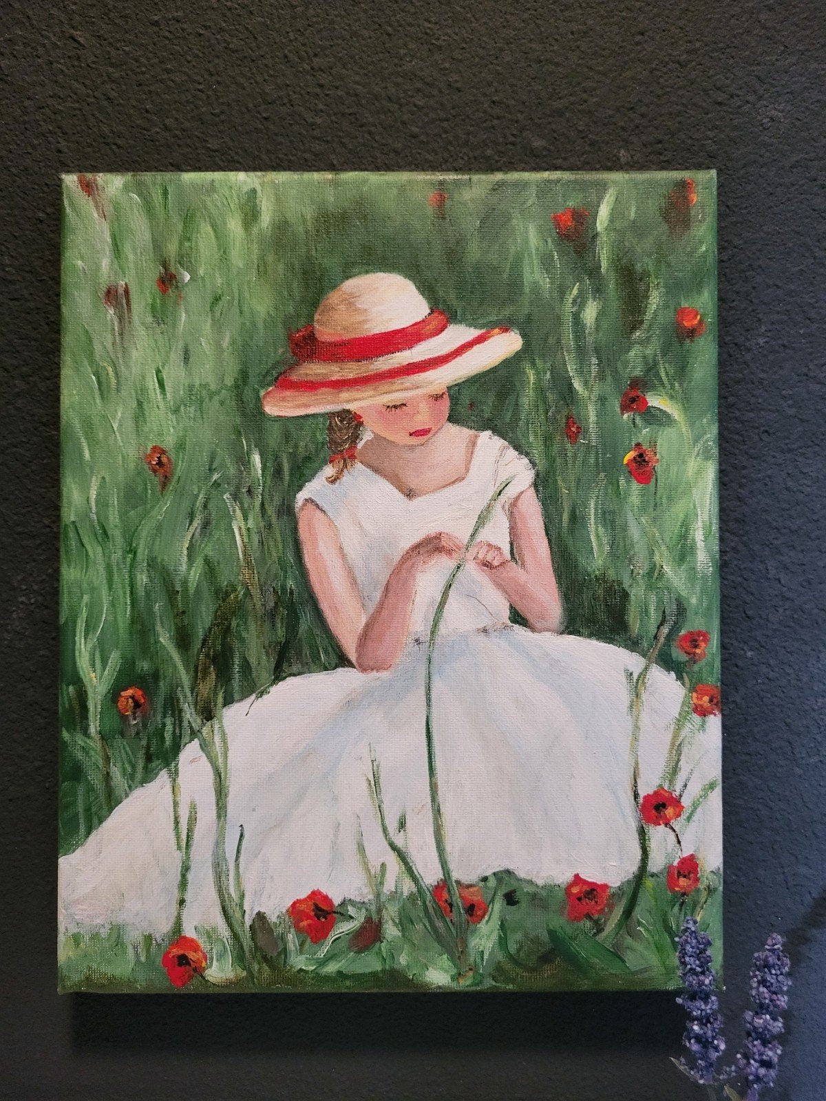 Eigen werk schilderijtje : meisje in gras, Minder dan 50 cm, Oorspronkelijke maker, Nieuw, Ophalen of Verzenden