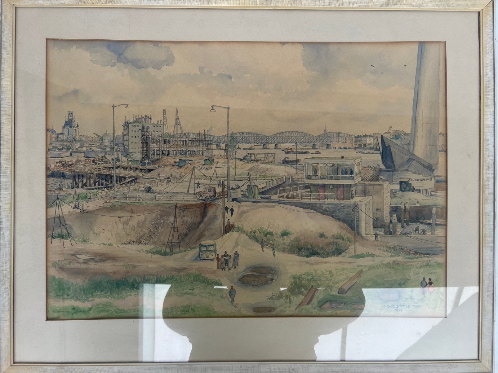 Aquarel Rotterdamse haven/Maasbruggen - Chris Schut 1959, Antiek en Kunst, Kunst | Schilderijen | Klassiek, Ophalen of Verzenden