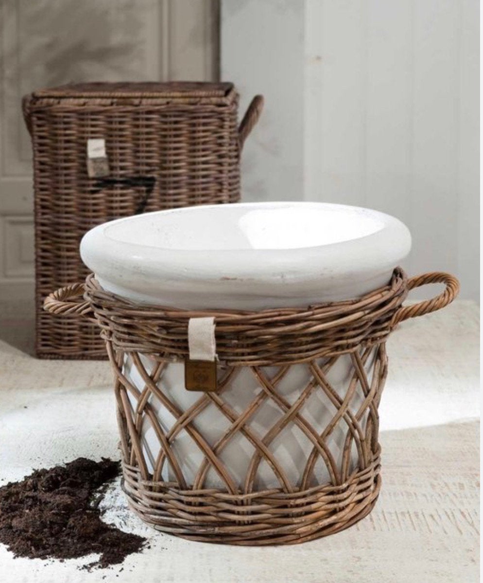 2x Riviera Maison Rattan Bloempot 18x17 cm, Rond, Ophalen of Verzenden, Zo goed als nieuw, Balkon