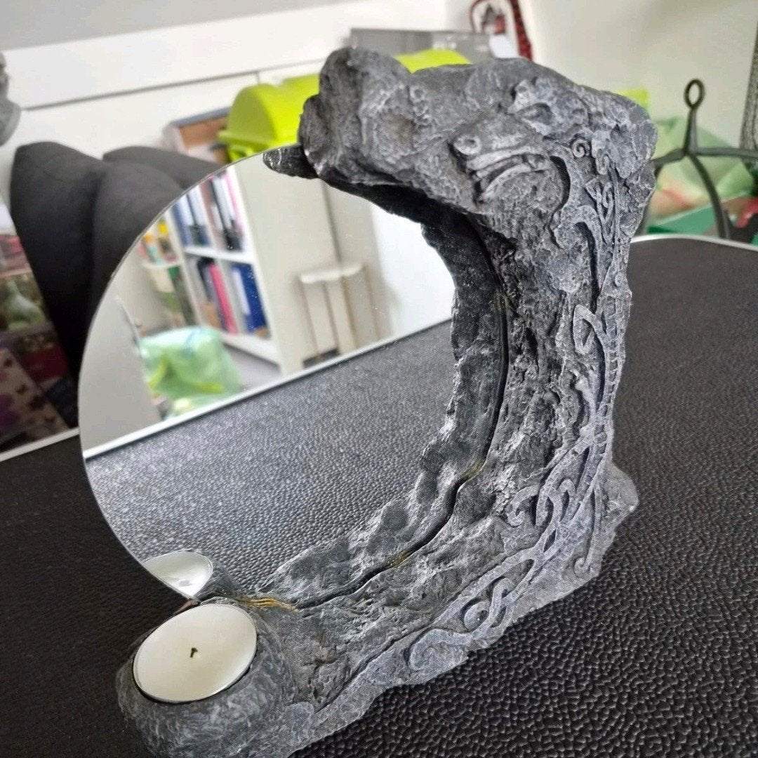 Draken spiegel met kandelaar - Fantasy decoratie, Huis en Inrichting, Ophalen of Verzenden, Rond, Minder dan 50 cm, Minder dan 100 cm