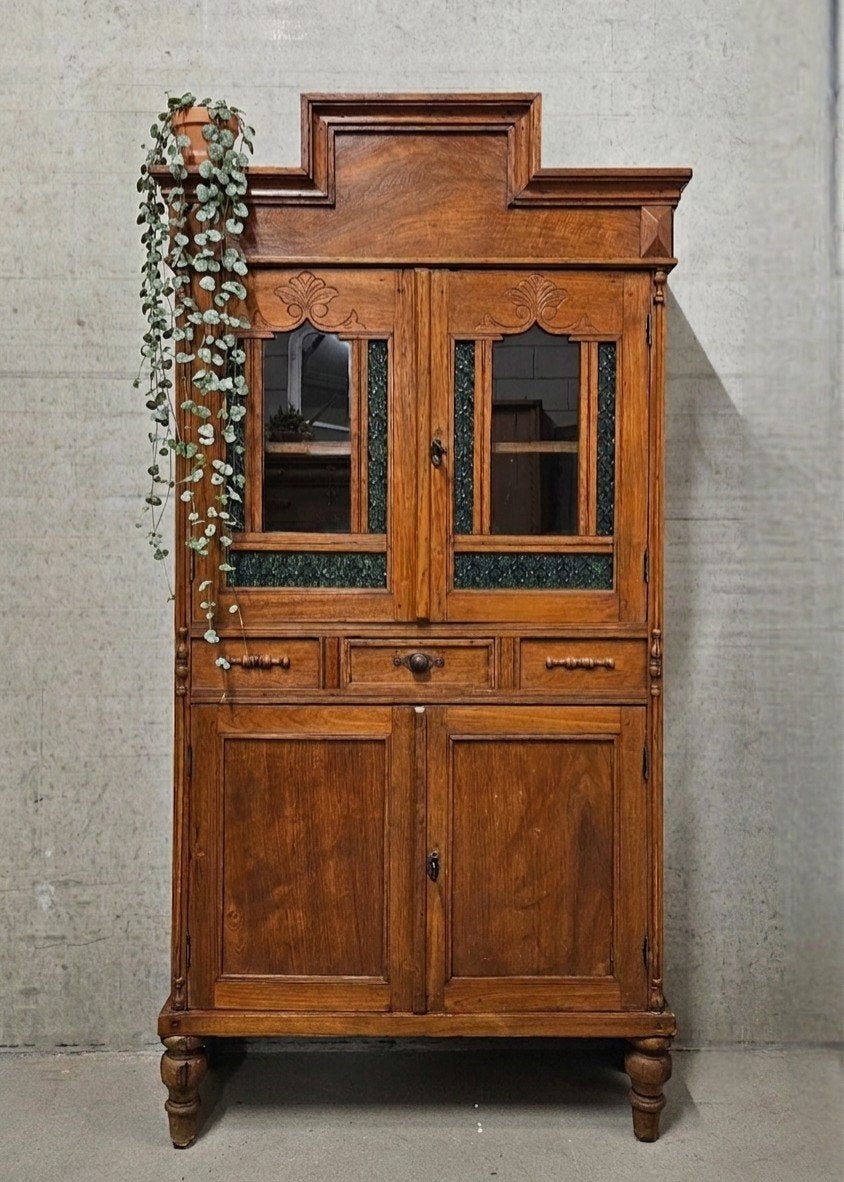 Antieke brocante servieskast vintage ondiepe vitrine kast, Ophalen of Verzenden