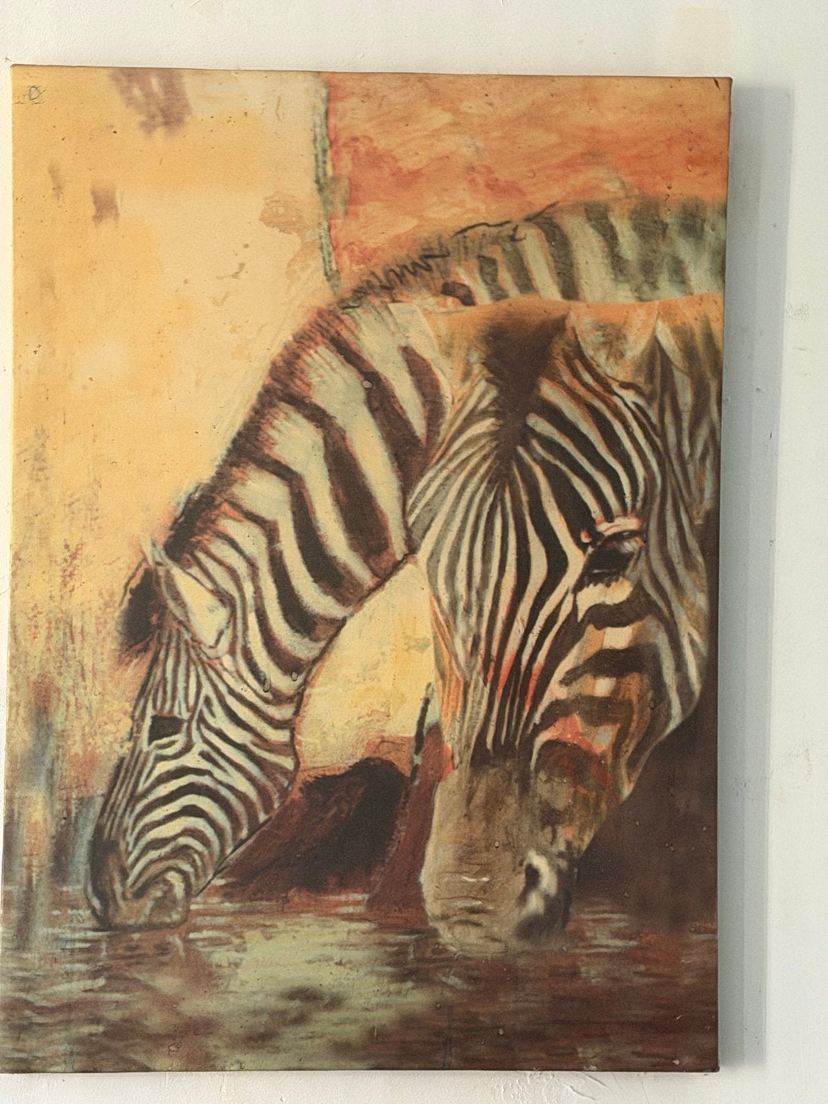 Schilderij: drinkende zebra's in de savanne, Ophalen, Acrylverf, Dieren, Op houten frame
