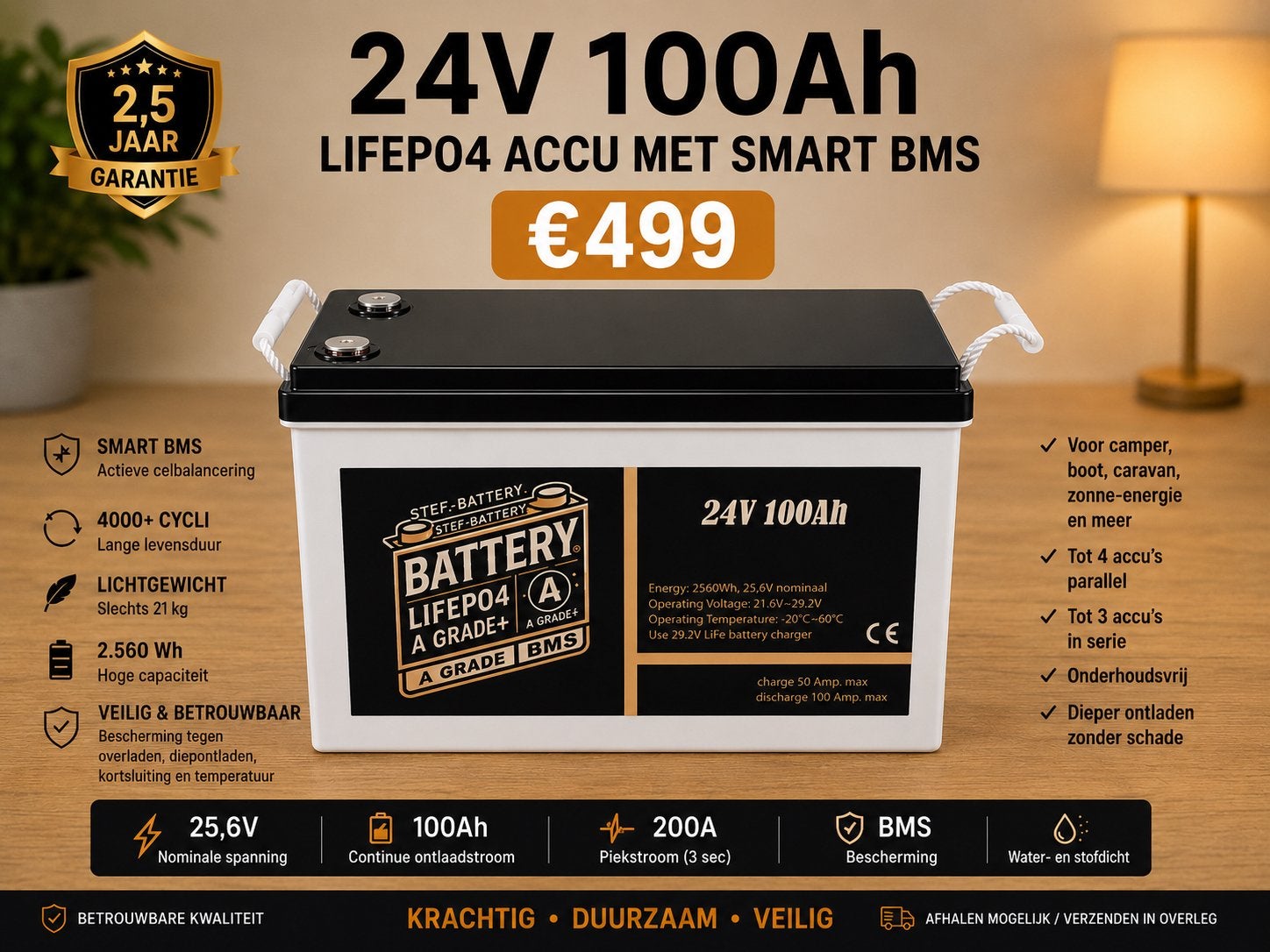 Premium Accu  Smart BMS LiFePO4 25,6V 100Ah 5 jaar ervaring, Ophalen of Verzenden, Nieuw