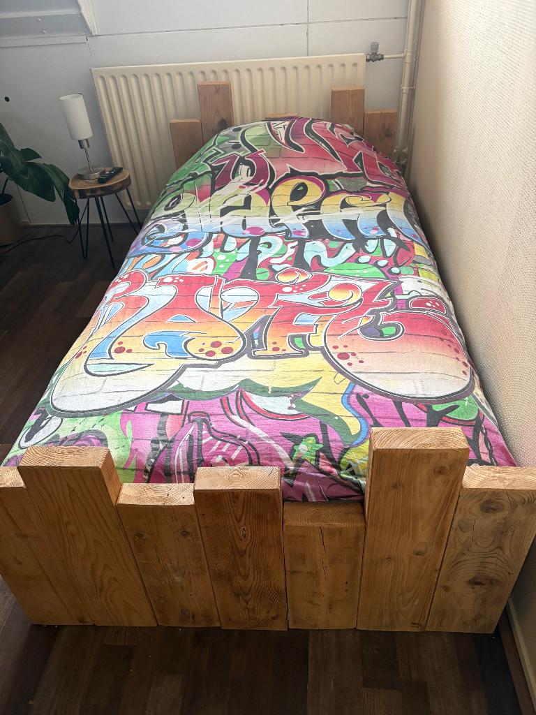 Steigerhouten ledikant 90x200, Ophalen, Gebruikt, 90 cm, Eenpersoons