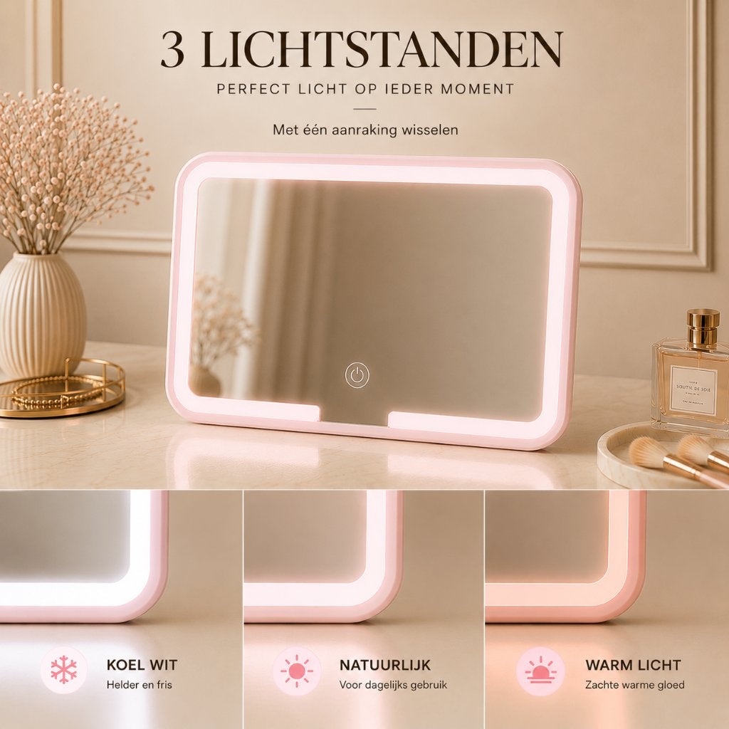 Novai - LED make up spiegel auto - 3 Lichtstanden - Roze, Novai, Nieuw, Ringslangpad 350, 1098SJ Amsterdam, Info@novai-glow.com
