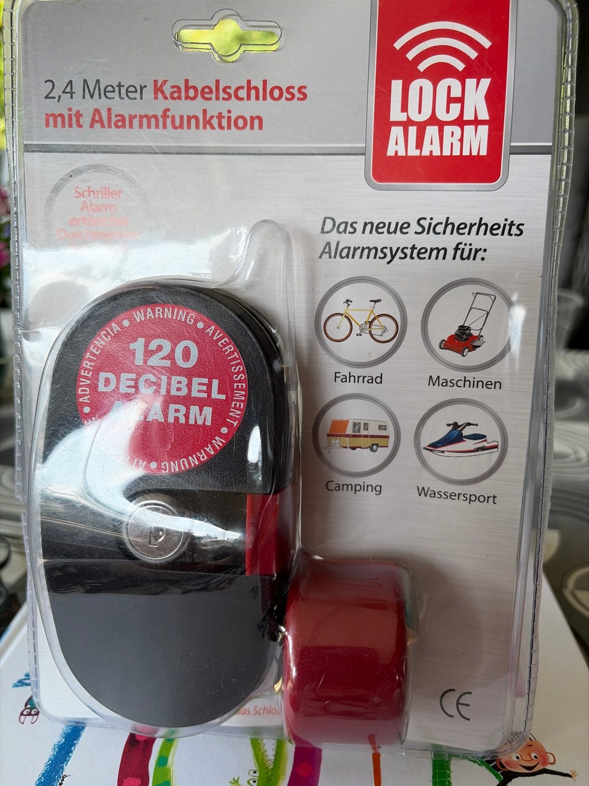 2,4 Meter Kabelslot met Alarmfunctie - 120 Decibel, Ophalen of Verzenden, Alarm, Nieuw, Kabelslot
