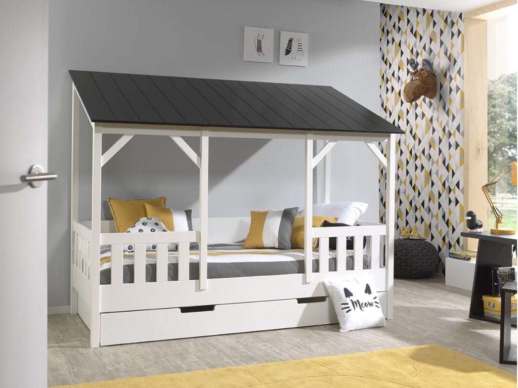 Huisbed met zwart dak - 90x200 - Wit, Kinderen en Baby's, Kinderkamer | Bedden, Niet ingevuld, Niet ingevuld, Niet ingevuld