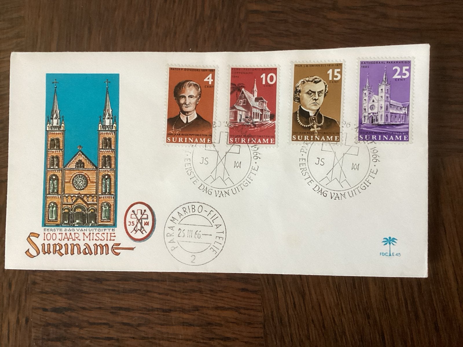 Eerste Dag Uitgifte Suriname 100 Jaar Missie 1966, Ophalen of Verzenden, Onbeschreven, Rest van de wereld