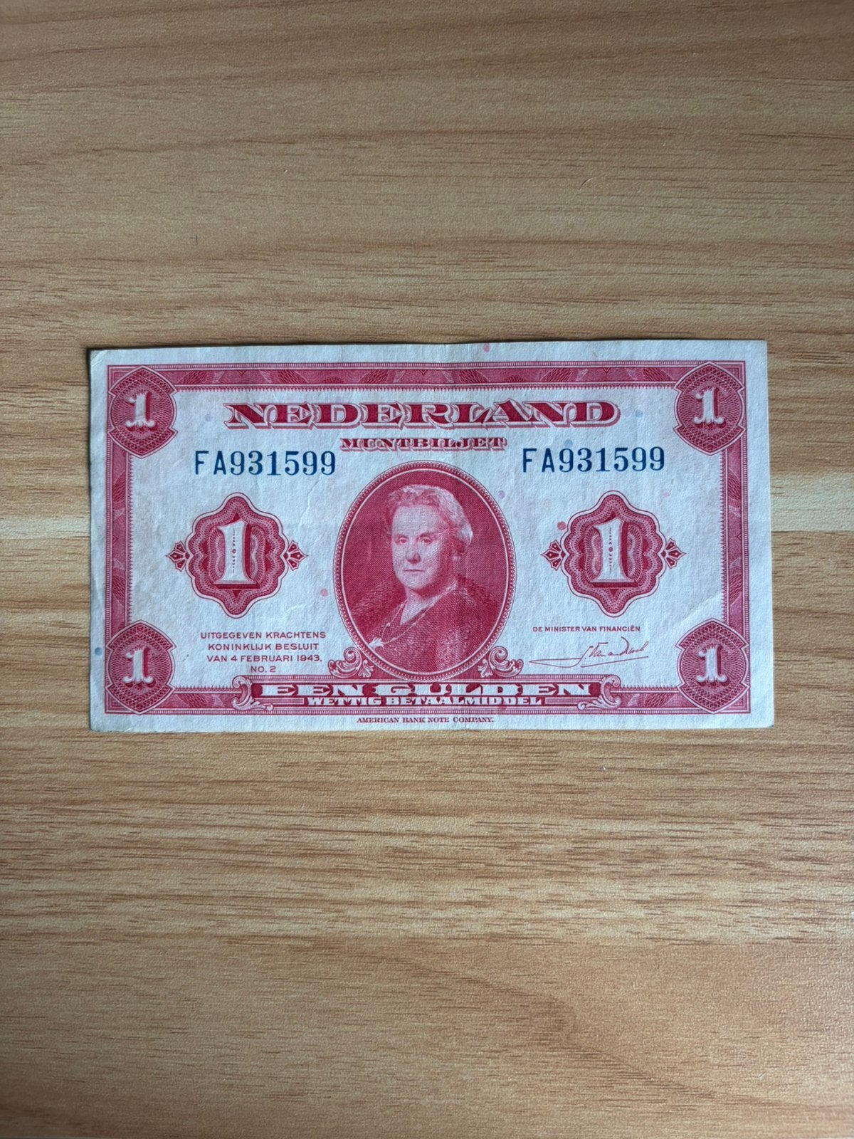 1 gulden 1943, american banknote company, Ophalen of Verzenden