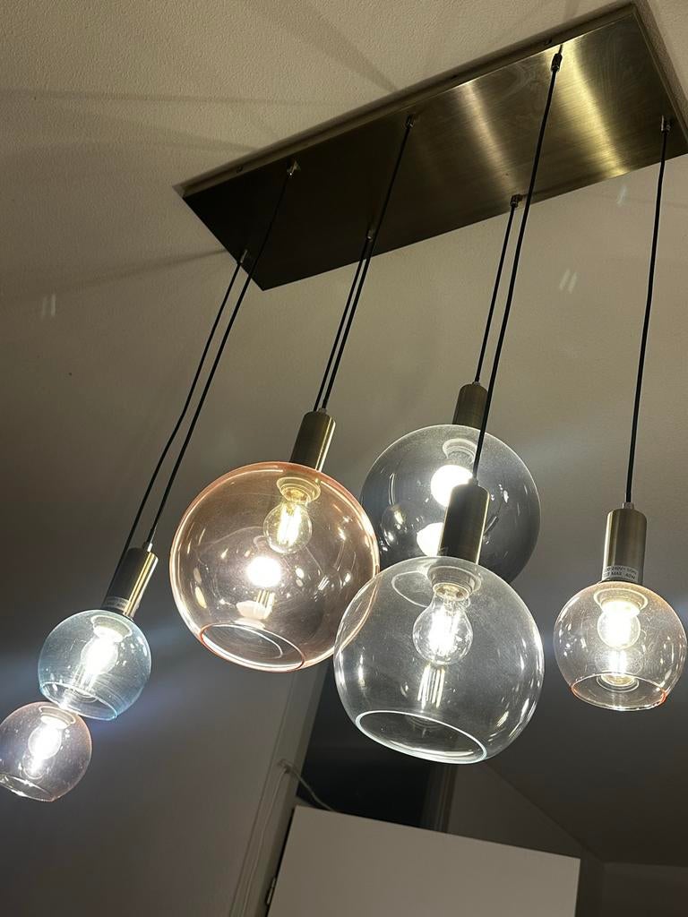 Moderne Hanglamp met Gekleurde Glazen Bollen, Ophalen of Verzenden, Zo goed als nieuw, Glas, 75 cm of meer