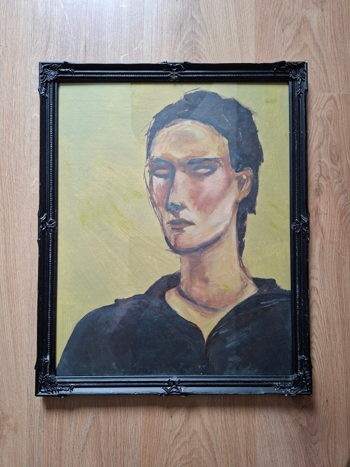 Portret olieverf op karton - Ingelijst 50x40 cm, Paneel, Portret of Personen, Ophalen of Verzenden, Olieverf