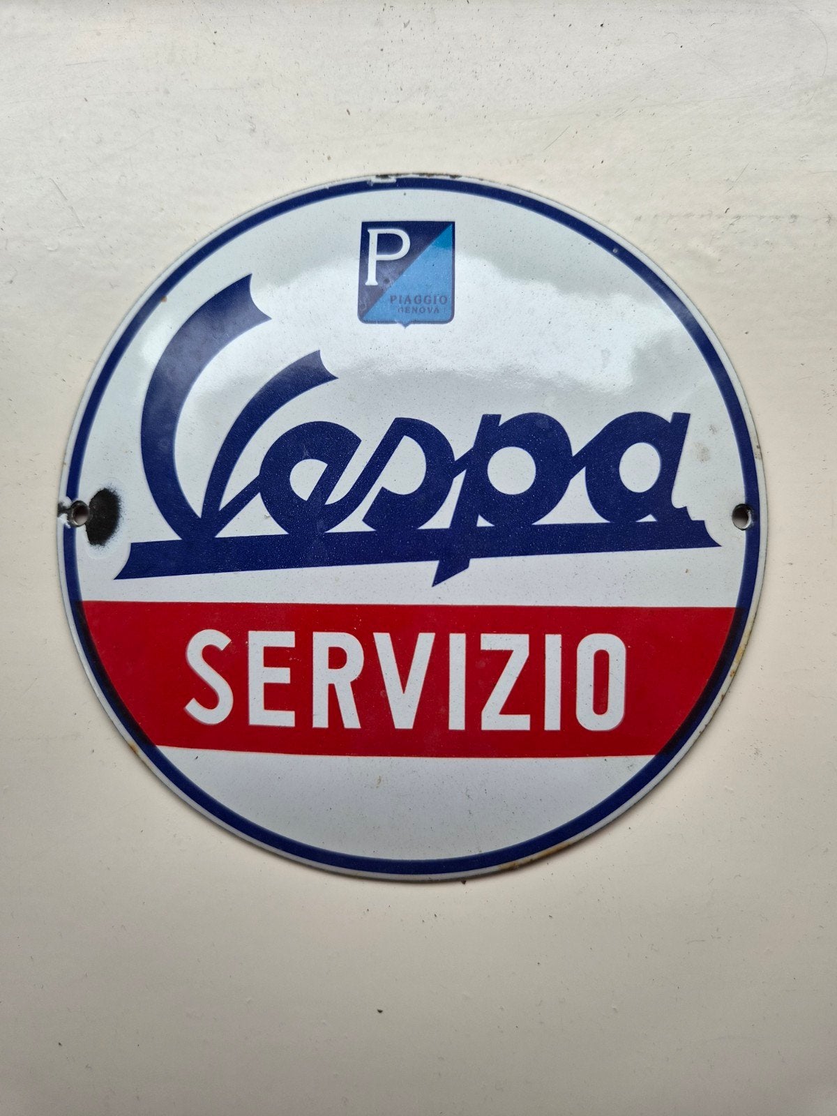 Emaille schildje Vespa Servizio - Diameter: 12 cm, Ophalen of Verzenden, Gebruikt, Reclamebord
