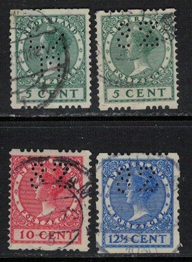 A444 Nederland 4 Rolzegels gestempeld met PERFIN, Verzenden, T/m 1940, Gestempeld