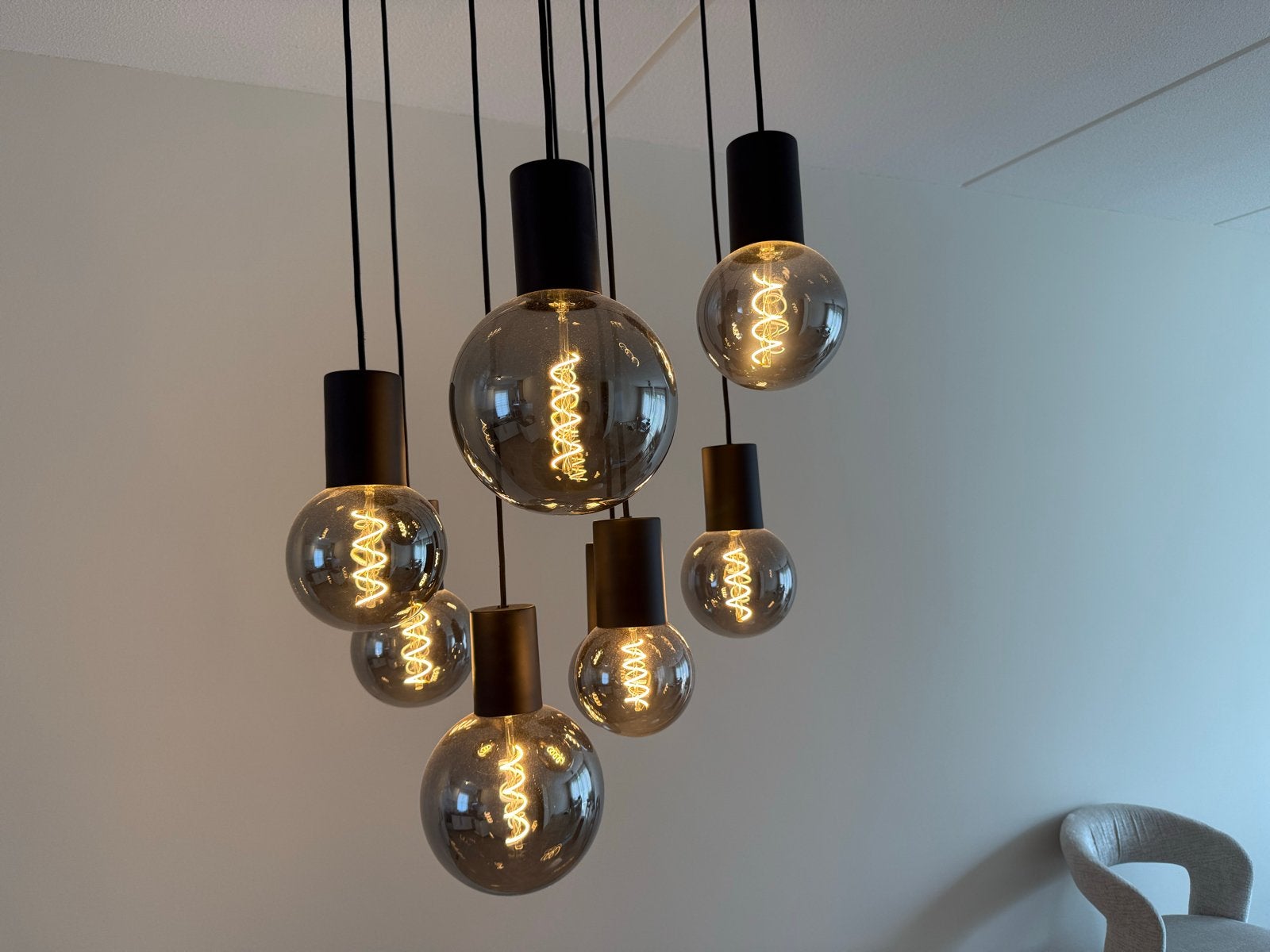 Zwarte smoke hanglamp met 9 smoke LED lampen (50 cm), Ophalen, Gebruikt, Glas, E27 (groot)