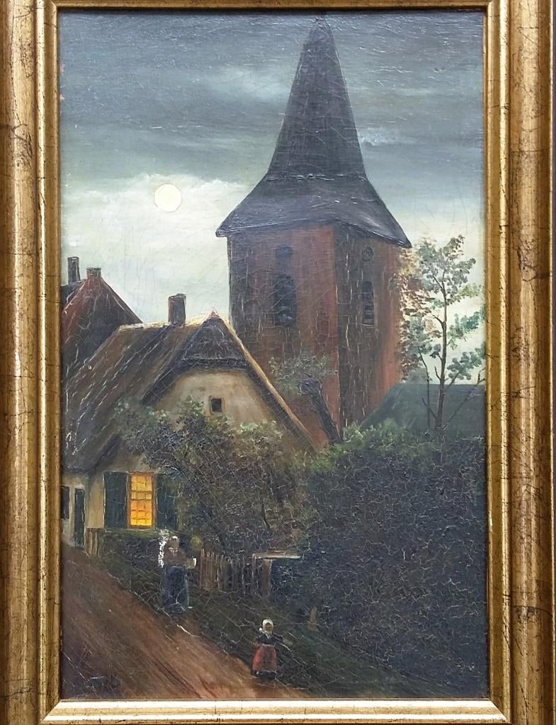 Jaar 1908 Schilderij Kerkdorp bij Maanlicht J. BARTELS, Antiek en Kunst, Ophalen of Verzenden