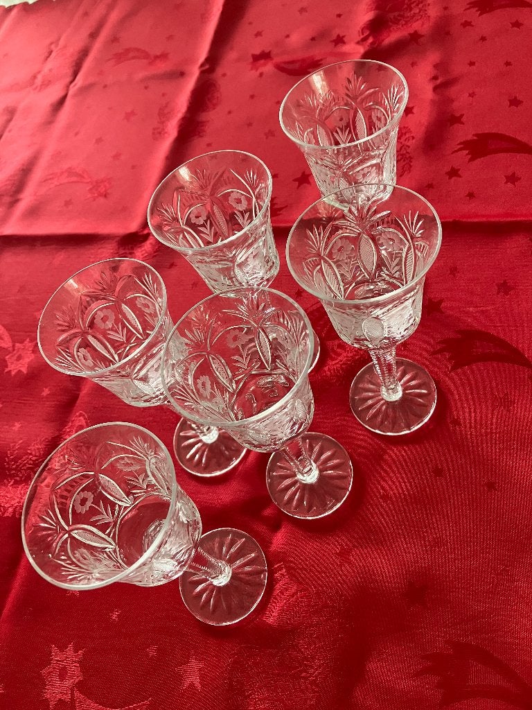 6 x brocante geslepen kristallen wijn/port/sherryglazen, Ophalen of Verzenden, Zo goed als nieuw, Borrel- of Shotglas