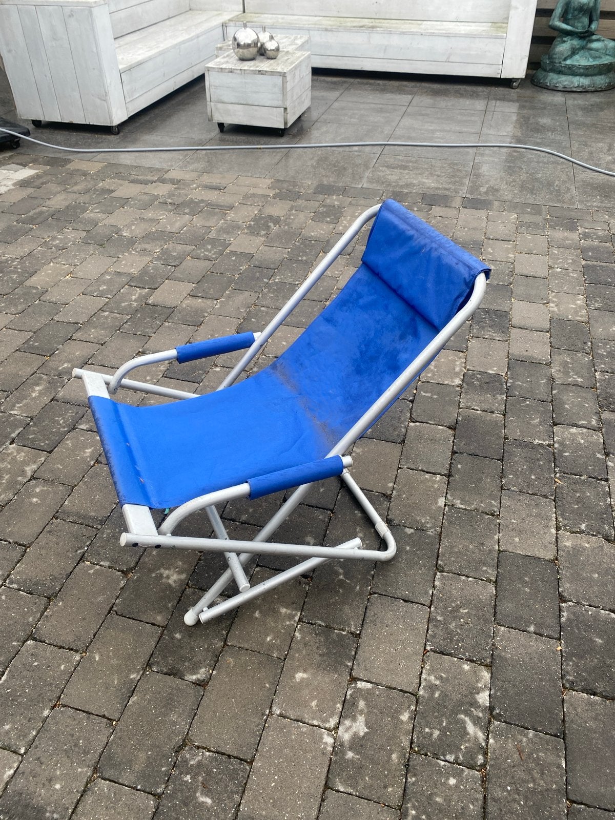 Blauwe opvouwbare strandstoel, Ophalen of Verzenden, Gebruikt, Aluminium, Inklapbaar