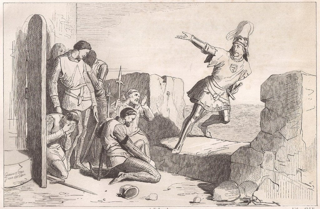 Barneveld Jan van Schaffelaar springt van de toren Litho, 1800 - 1899, Ophalen of Verzenden, Blanco verso, 13 cm