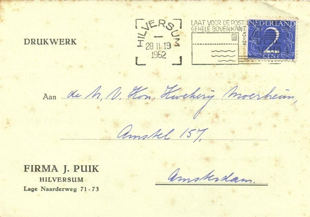 Firma J. Puik, Hilversum - 02.1952 - drukwerk, Ophalen of Verzenden, Briefkaart