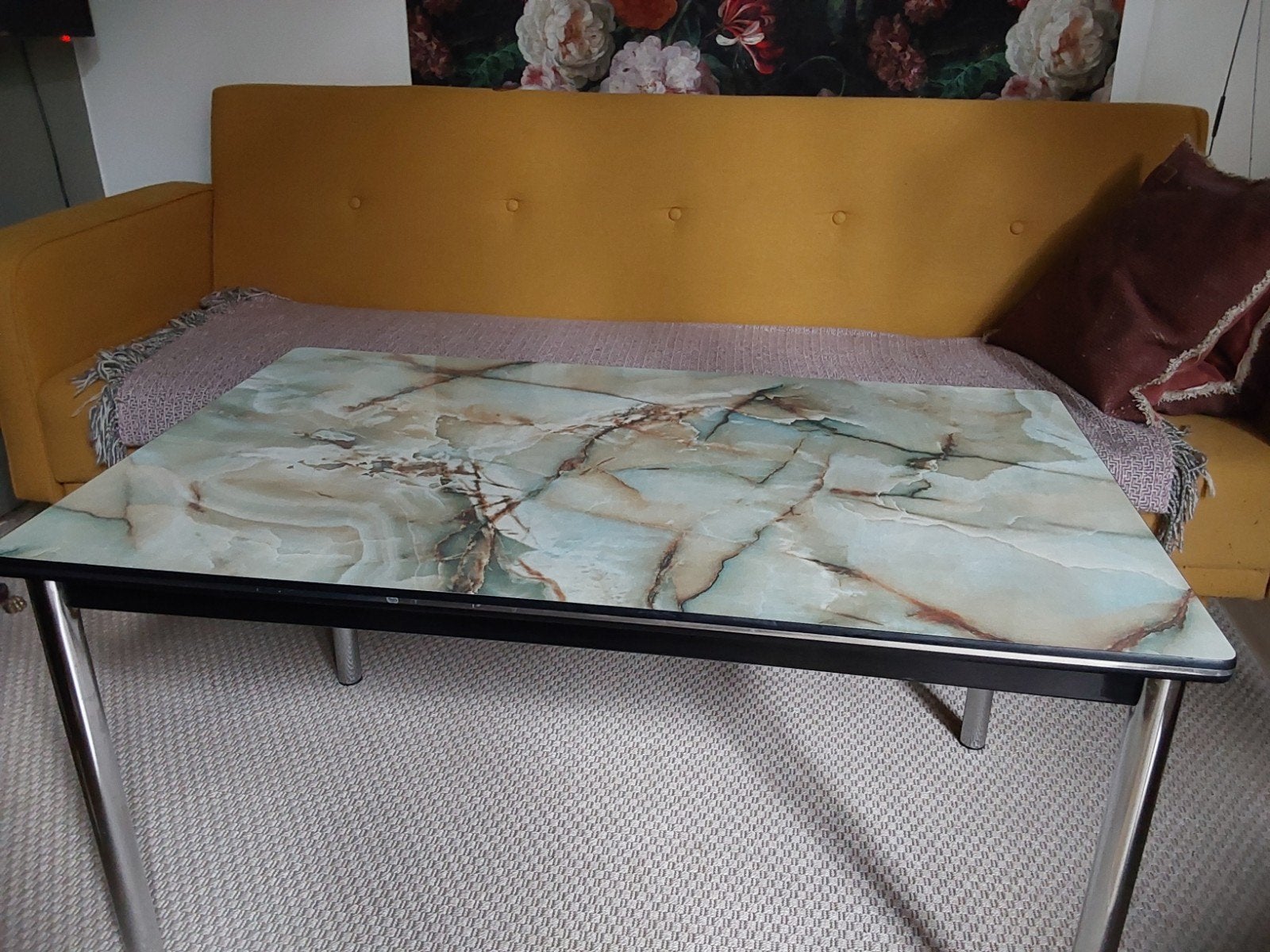 Vintage Formica Salontafel met marmerlook blad, jaren 70, Ophalen, Gebruikt, 100 tot 150 cm, Overige materialen