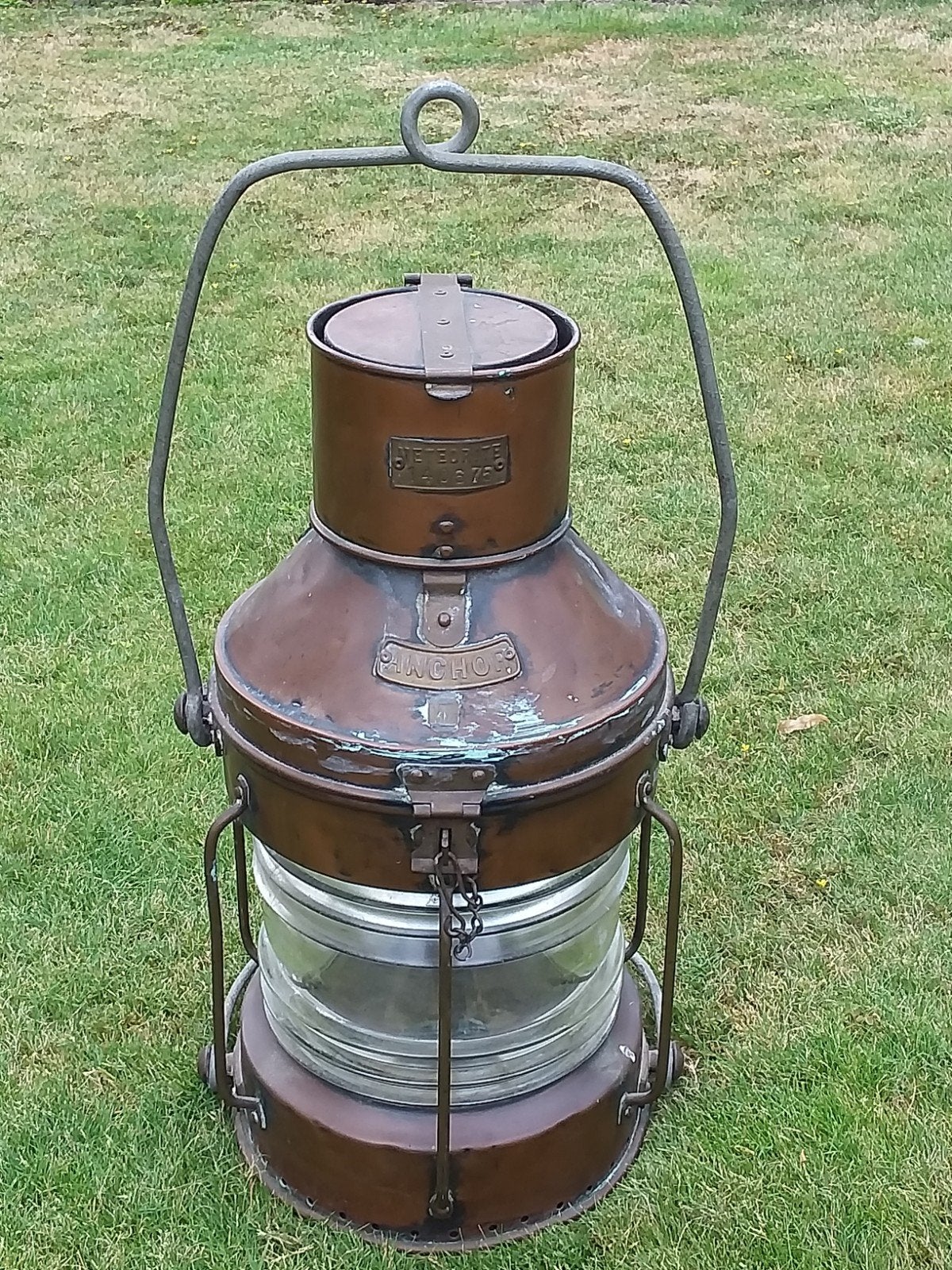 Antiek zeer groot koper scheepslamp lamp ankerlamp met lont, Ophalen