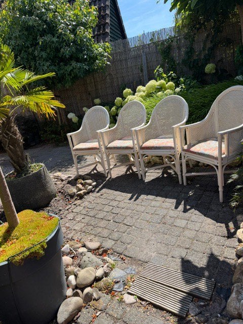 Te koop 4 witte rieten / bamboe stoelen met webbing, Ophalen, Gebruikt, Wit, Riet of Rotan