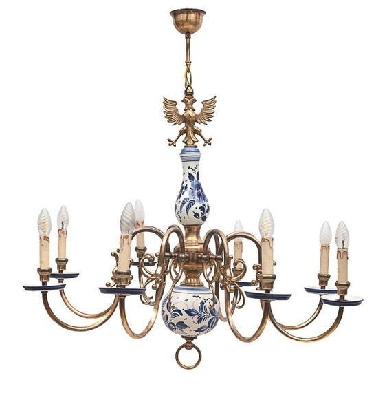 Antieke Messing en Delfts Blauw Kroonluchter, Jaren '40, Ophalen of Verzenden