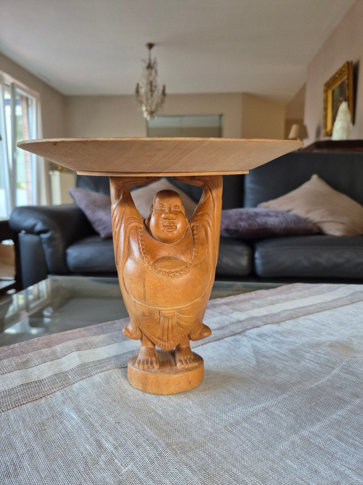 Vintage houten buddha met offerschaal handgesneden, Antiek en Kunst, Ophalen of Verzenden