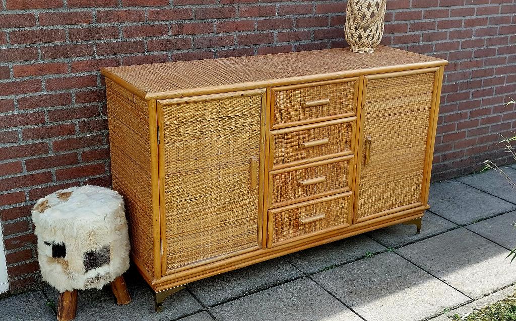 Vintage boho/ibiza rotan dressoir, Huis en Inrichting, Kasten | Dressoirs, Ophalen, Gebruikt, 150 tot 200 cm, Boho,ibiza, vintage