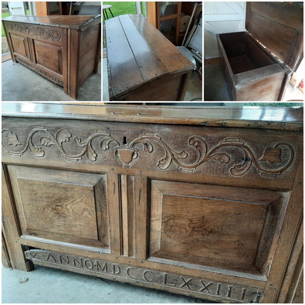 Antieke houten dekenkist uit 1773, eikenhout, Antiek en Kunst, Antiek | Meubels | Kasten, Ophalen