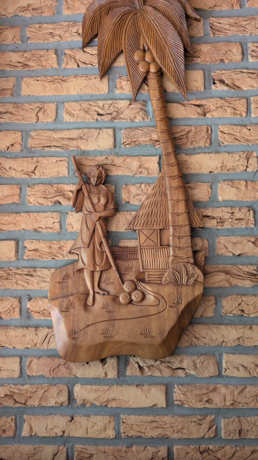 Houten wanddecoratie: Tropisch tafereel met palmboom, Handgemaakt, Wanddecoratie, Scène, Hout