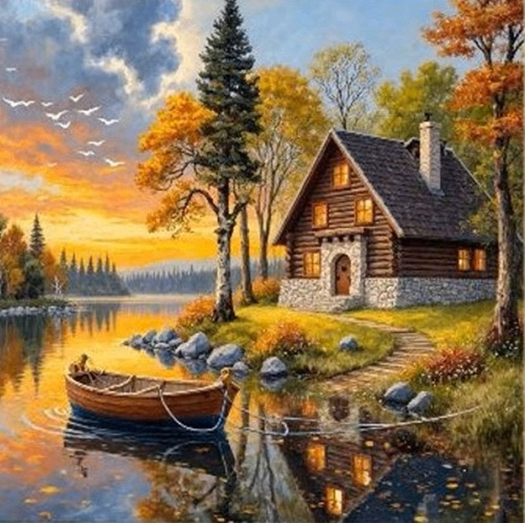 25x25cm Diamond painting huisje bootje meer nr 502, Hobby en Vrije tijd, Verzenden, Nieuw, Landschappen, Diamond painting