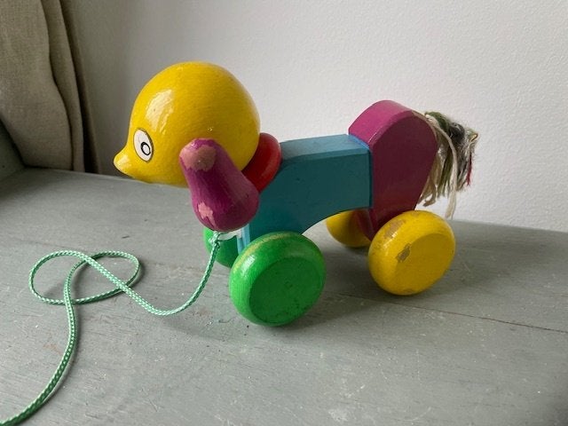 Vintage houten speelgoed. Trekbeest / hondje van hout., Ophalen, Gebruikt