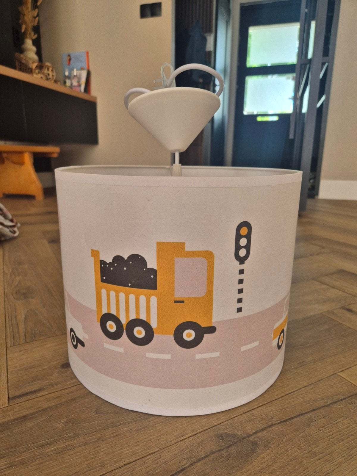 Leuke hanglamp kinderkamer met bouwvoertuigen, Gebruikt, Textiel, Kinderkamer, Speels, Bouwvoertuigen, E27 (groot)