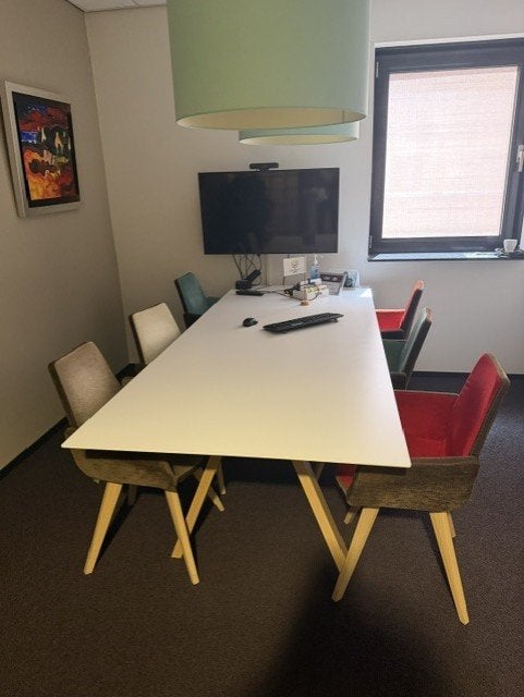 Design vergadertafel + 6 Moods designstoelen 240x100 cm, Gebruikt, 200 cm of meer, Vijf personen of meer, Rechthoekig