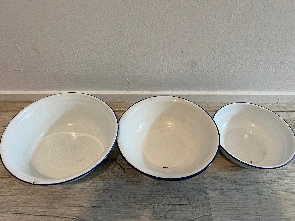 Vintage emaille kommen set – Brocante / Rustiek wit-blauw, Verzenden