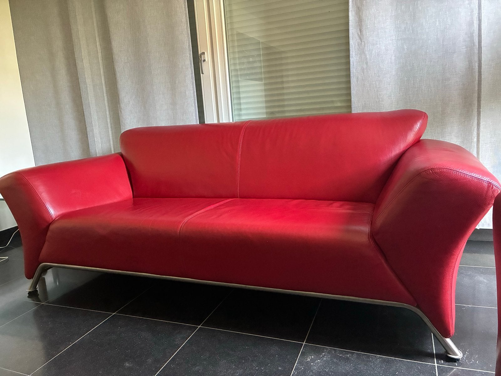 Design 2-zits bankstel in rood leer, Ophalen, Gebruikt, Tweepersoons, Leer