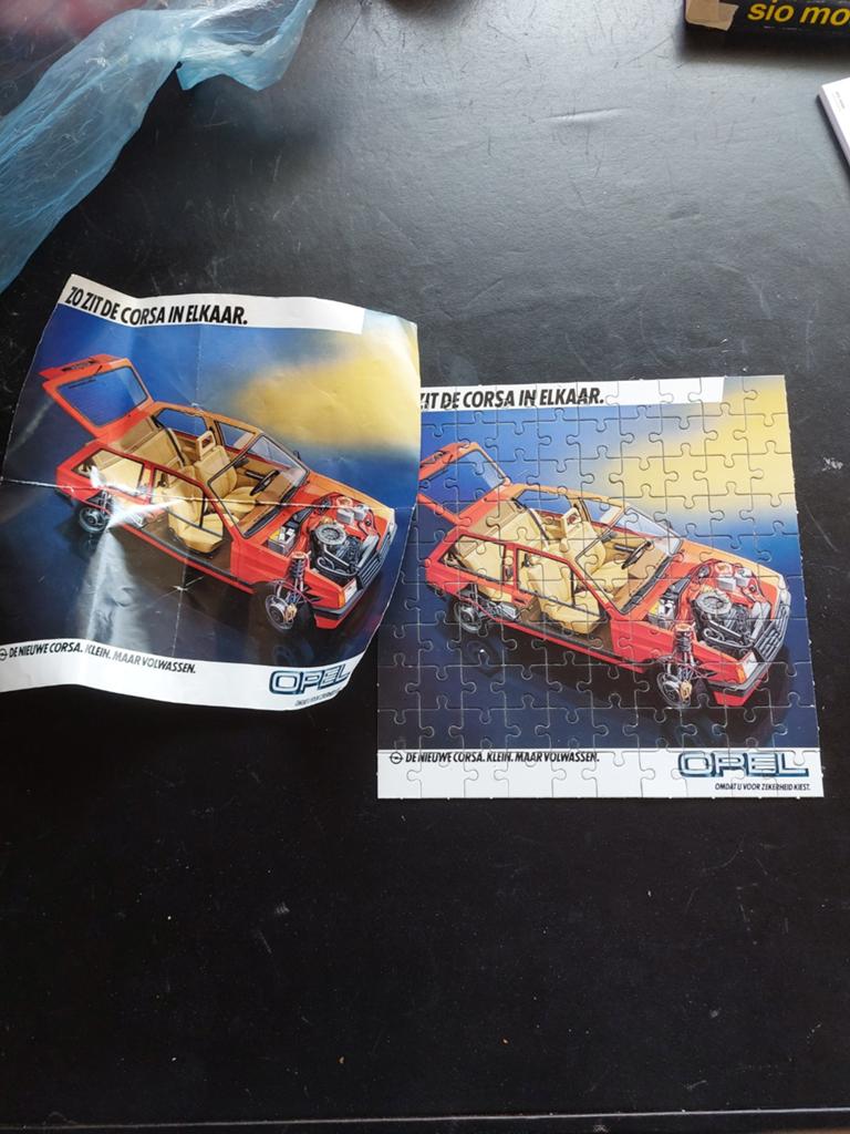 Vintage Opel Corsa Reclame Legpuzzel, Ophalen of Verzenden, Minder dan 500 stukjes, Gebruikt, Legpuzzel