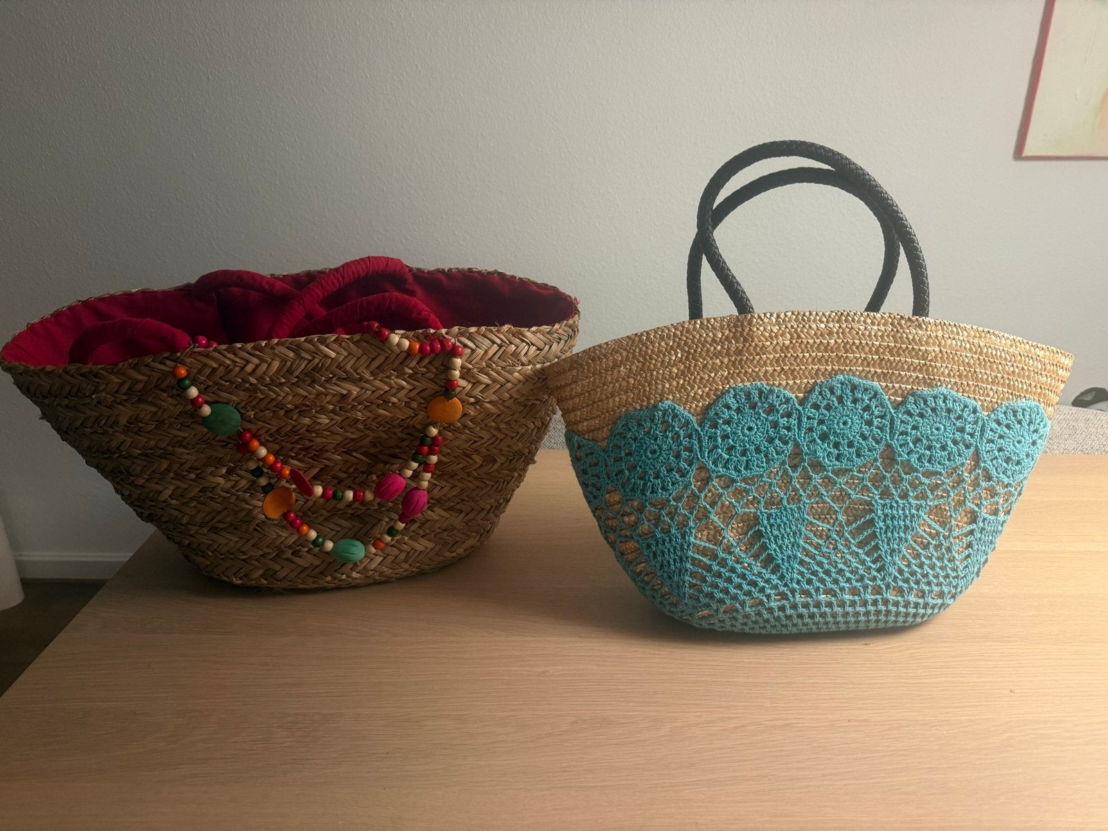 Set van 2 rieten tassen, strandtassen, shoppers, Ophalen of Verzenden, Zo goed als nieuw, Overige kleuren, Shopper