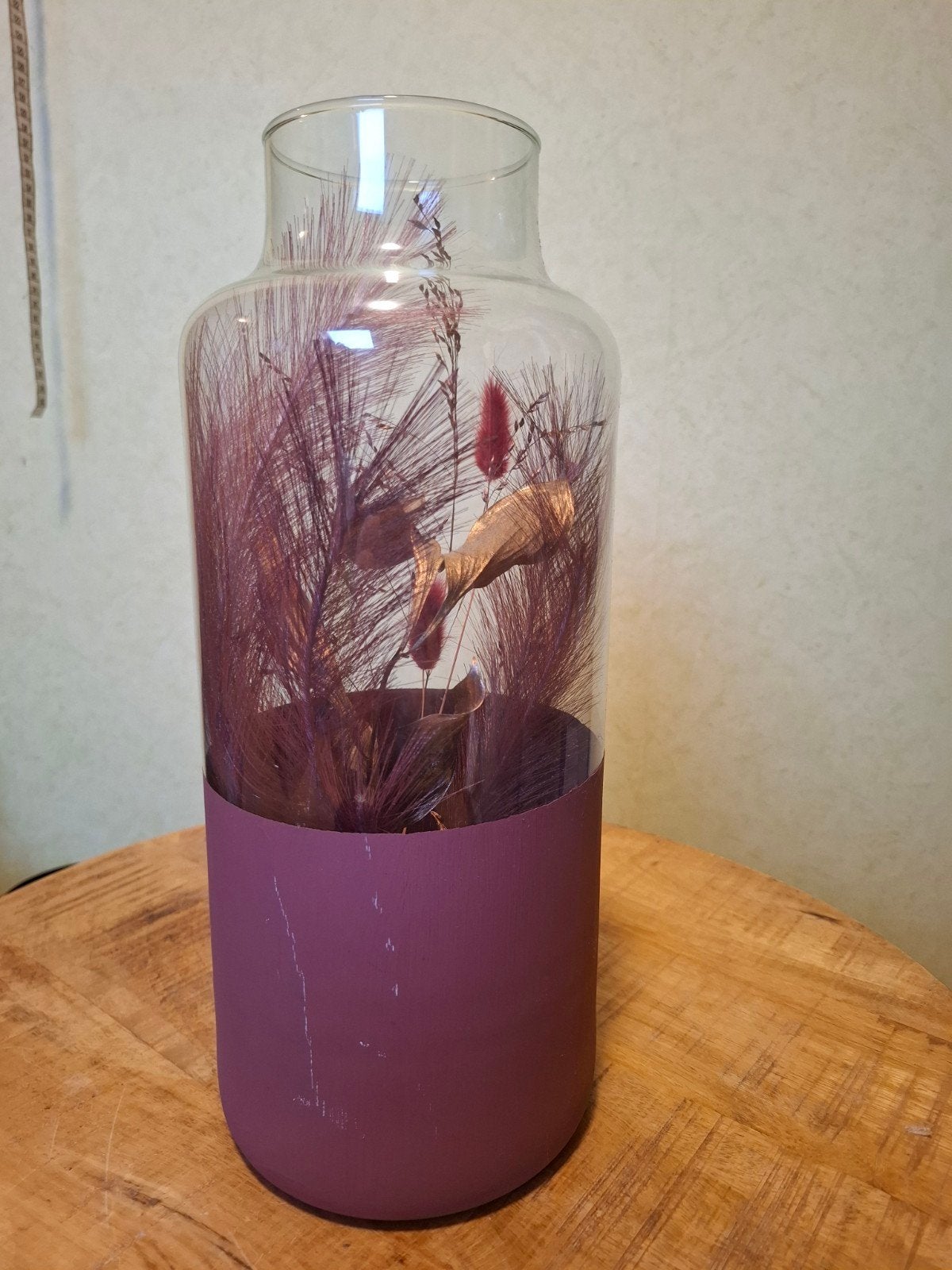 Glazen vaas met gedroogde bloemen 35x14 cm, Ophalen, Gebruikt, Inclusief droogbloemen, Paars